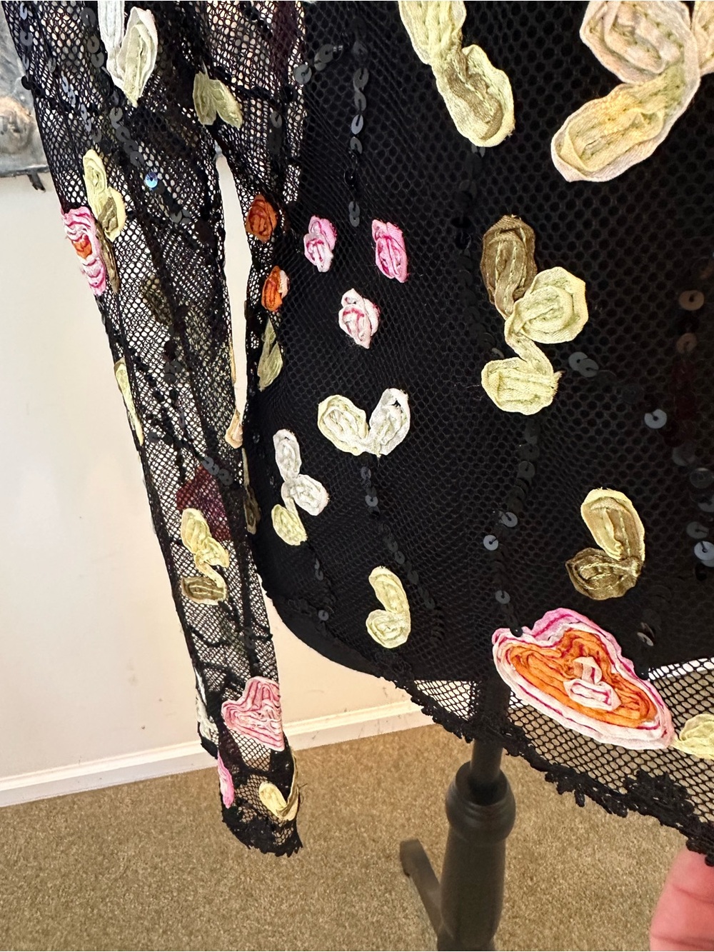 ⭐️ Black Sheer Mesh Cardigan with Pink, Yellow & Orange Appliqués - Picture 12 of 12